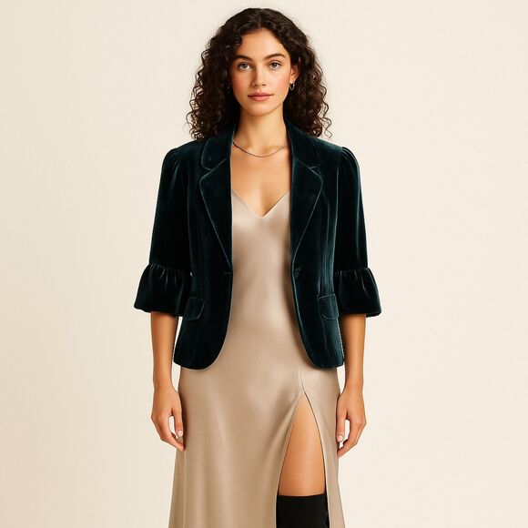 Halogen | Emerald Green Velvet Puff Sleeve Cropped Blazer Size S | EUC - Picture 1 of 13